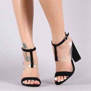 Qupid Nubuck Mid T-Strap Clear Vamp Open Toe